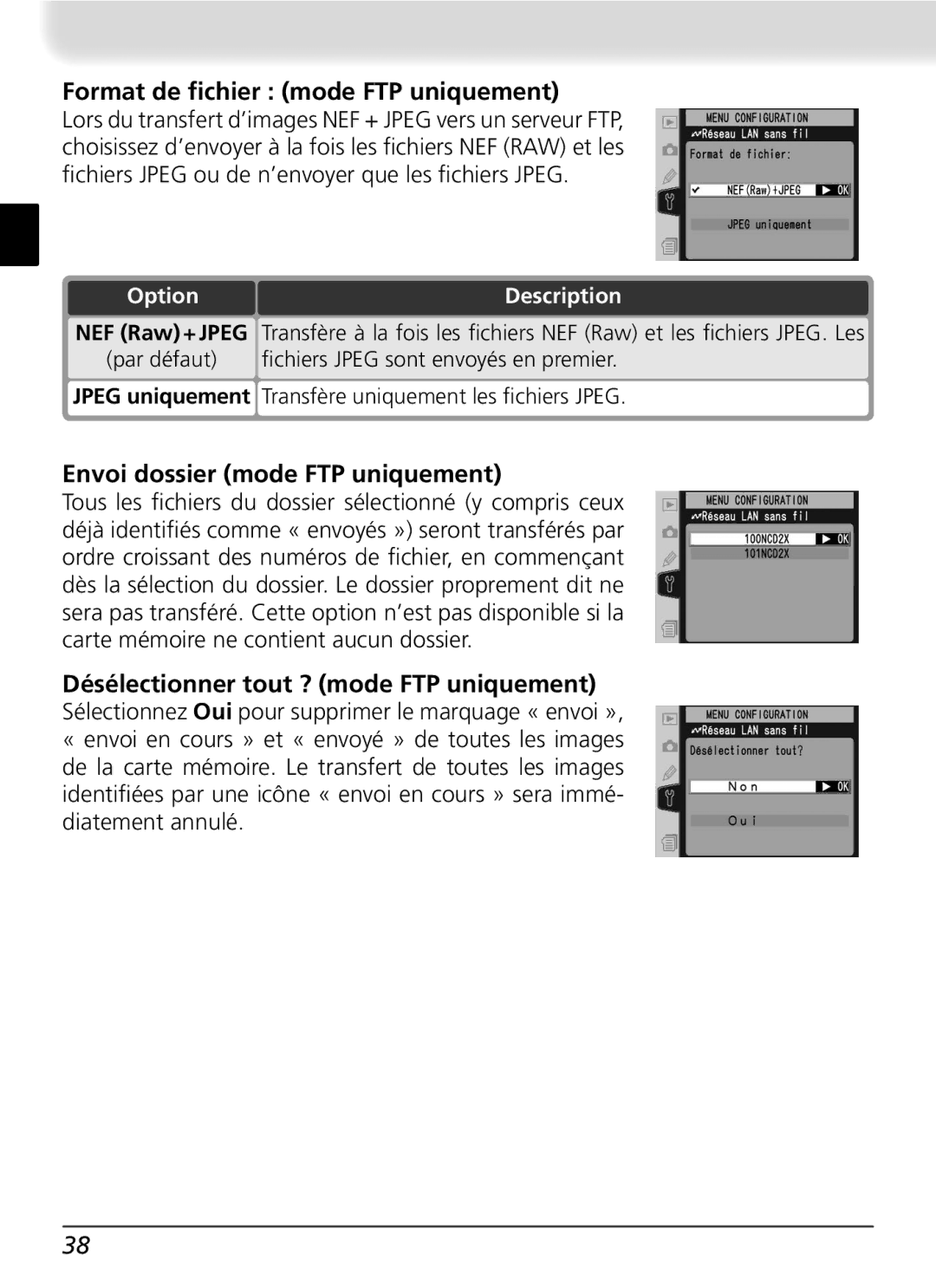 Nikon WT-2 Format de ﬁchier mode FTP uniquement, Envoi dossier mode FTP uniquement, ﬁchiers Jpeg sont envoyés en premier 