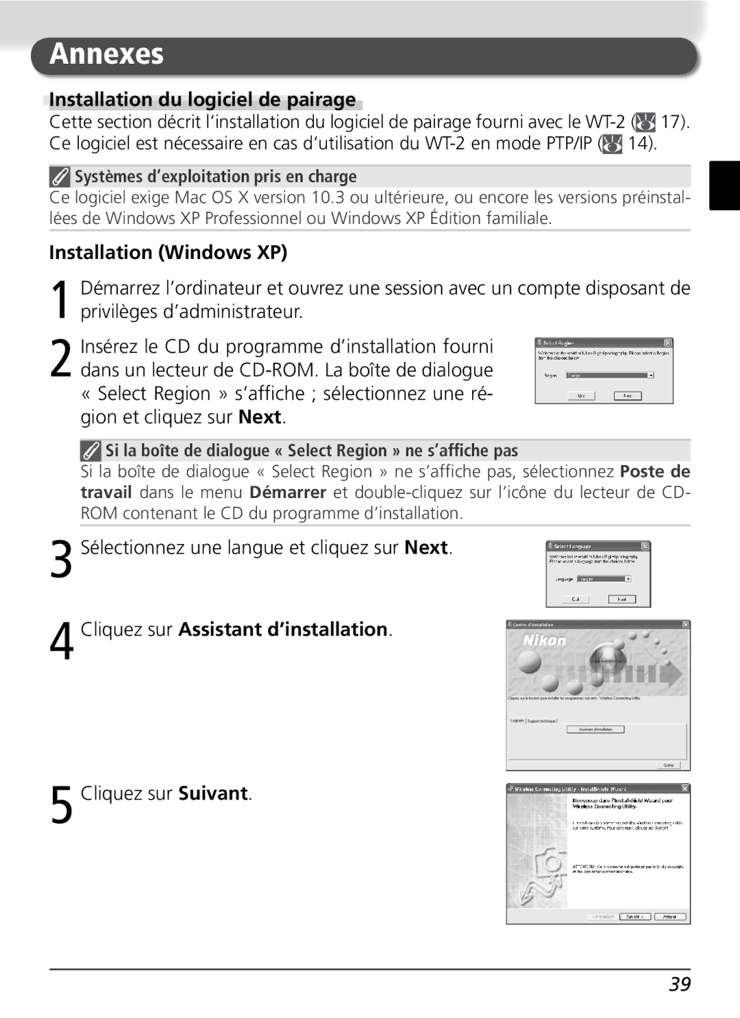 Nikon WT-2 user manual Annexes, Installation du logiciel de pairage, Cliquez sur Assistant d’installation 