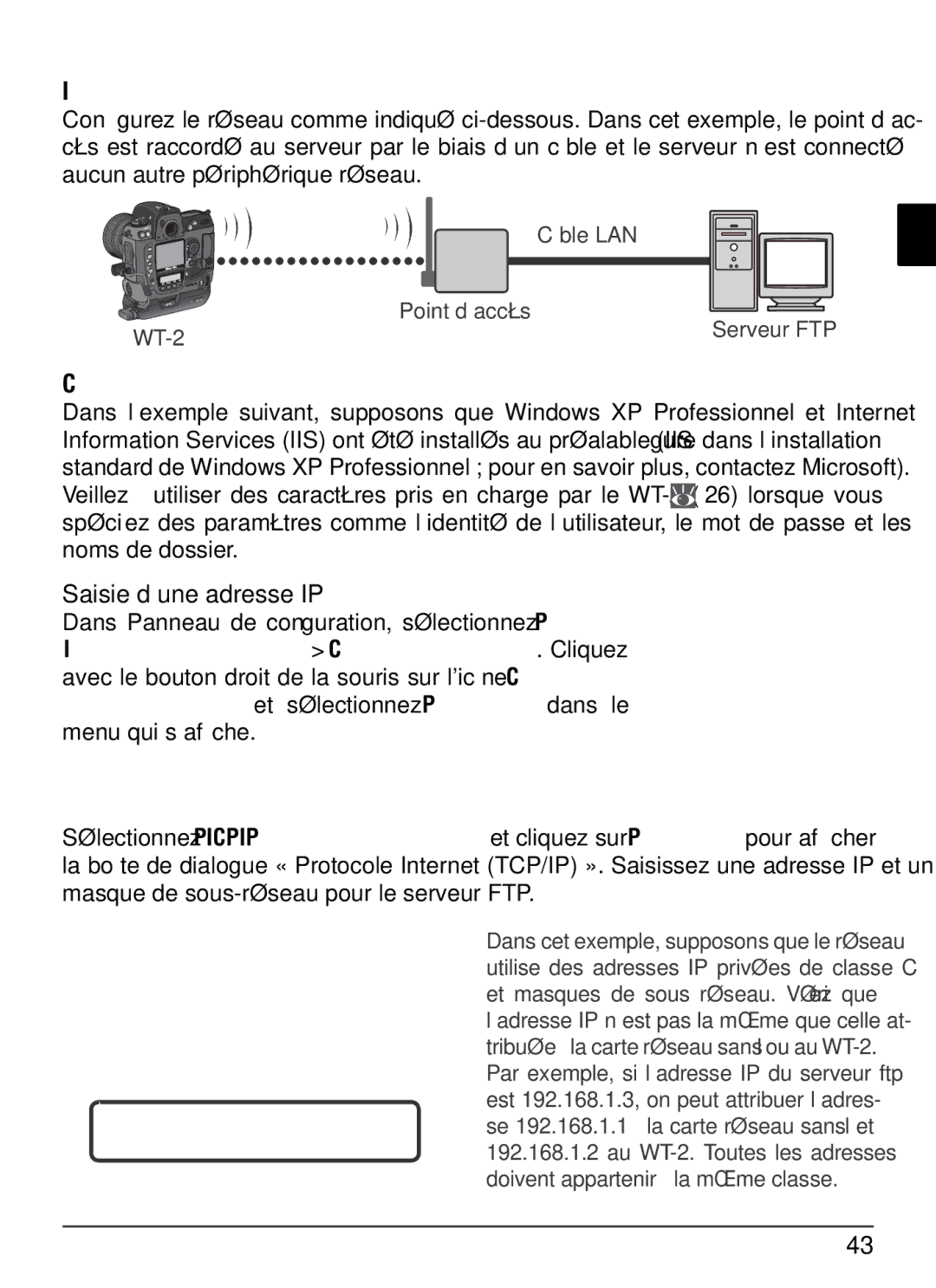 Nikon WT-2 user manual Installation d’un réseau, Conﬁguration du serveur, Saisie d’une adresse IP 