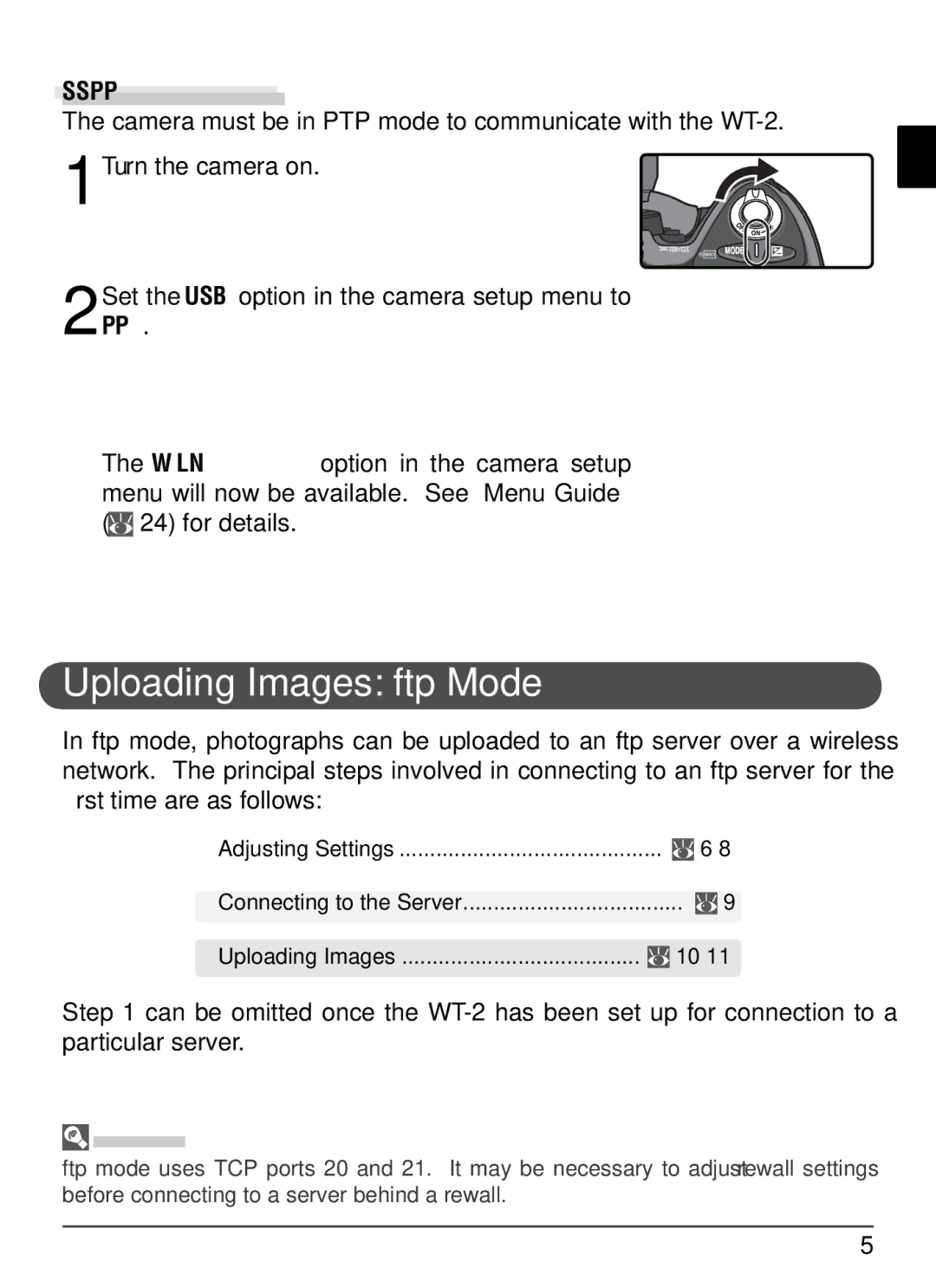 Nikon WT-2 user manual Uploading Images ftp Mode, Select PTP, Firewalls 