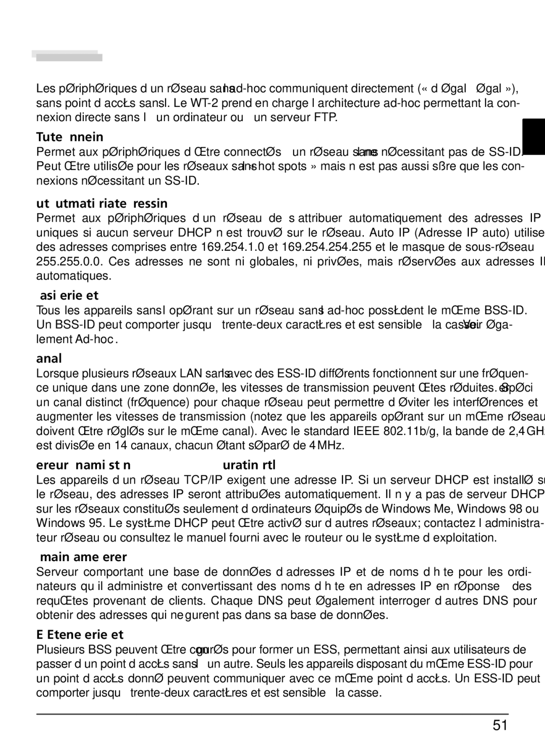 Nikon WT-2 user manual Glossaire, «Toute » connexion, Canal, Serveur Dhcp Dynamic Host Conﬁguration Protocol 