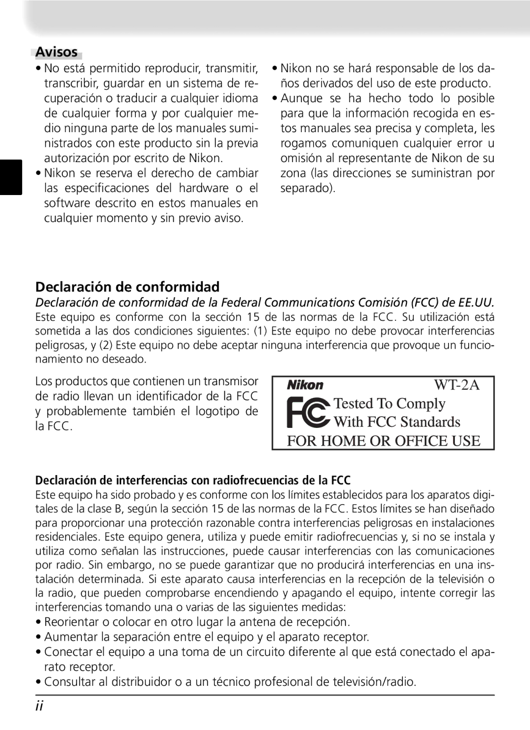 Nikon WT-2 user manual Avisos, Declaración de conformidad 