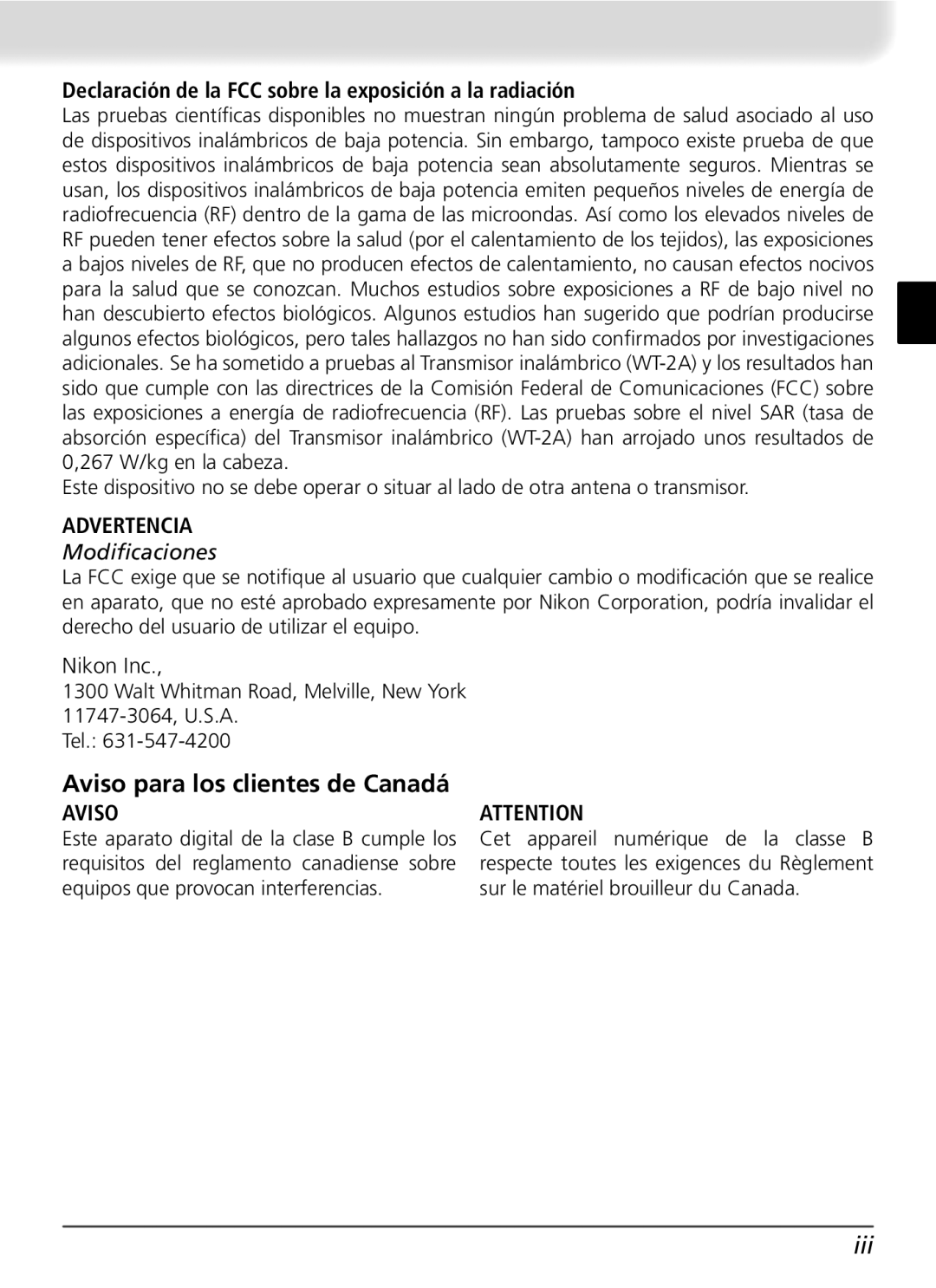 Nikon WT-2 user manual Aviso para los clientes de Canadá, Declaración de la FCC sobre la exposición a la radiación 