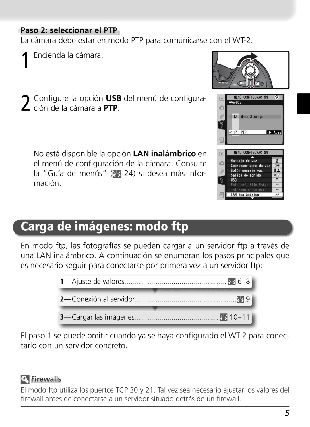 Nikon WT-2 user manual Carga de imágenes modo ftp, Paso 2 seleccionar el PTP, Cargar las imágenes 10-11 