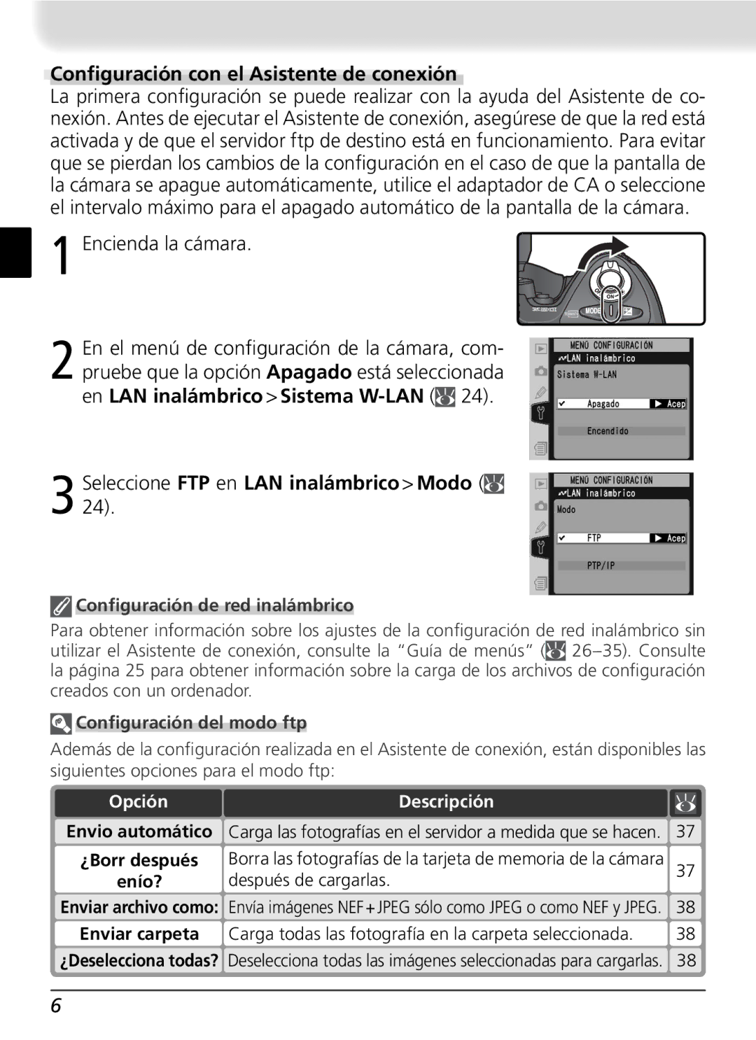 Nikon WT-2 Conﬁguración con el Asistente de conexión, Seleccione FTP en LAN inalámbrico Modo, Conﬁguración del modo ftp 