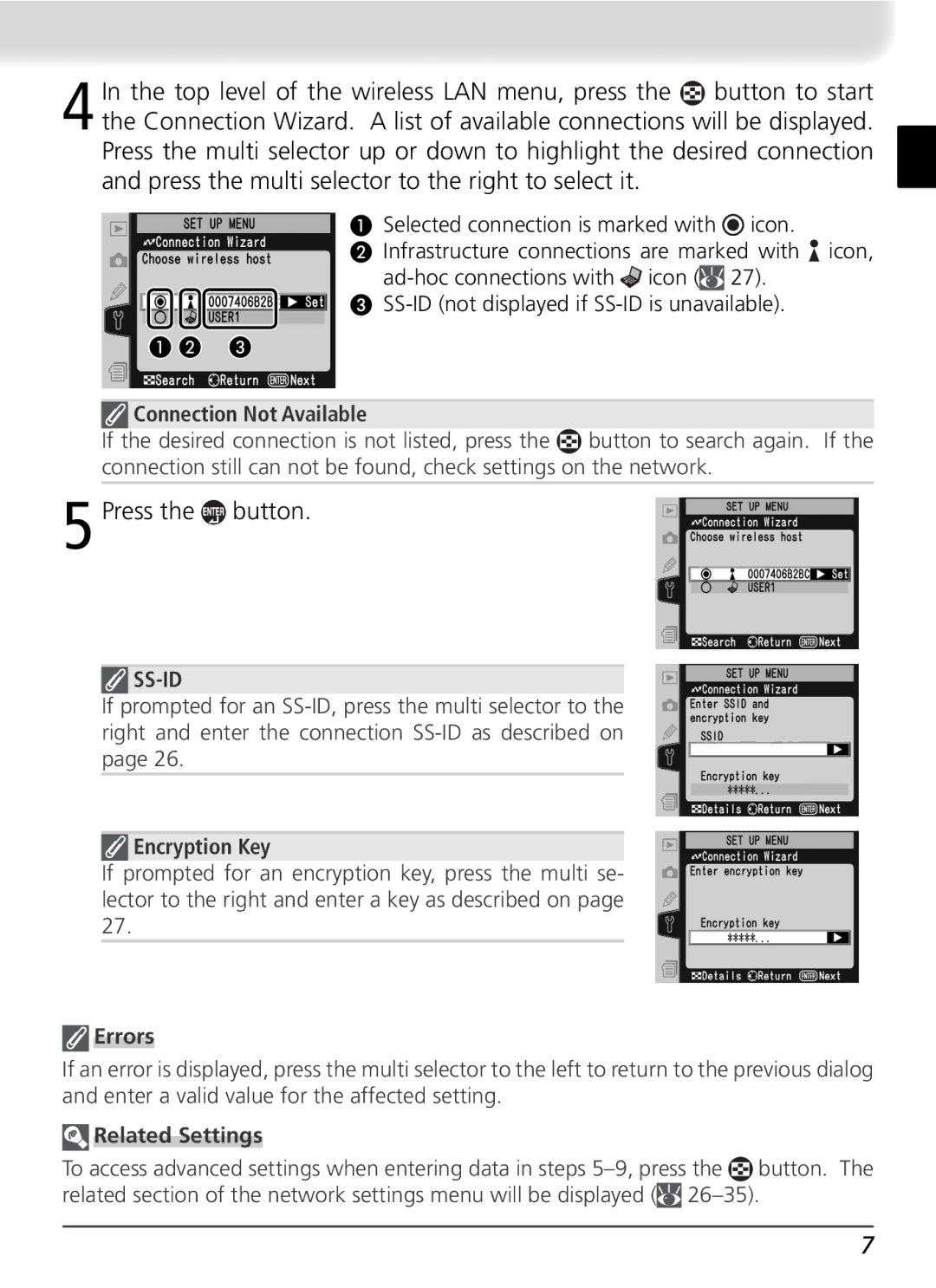 Nikon WT-2 user manual Connection Not Available, Encryption Key, Errors, Related Settings 