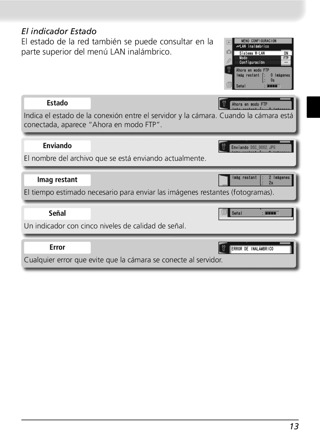 Nikon WT-2 user manual El indicador Estado, Enviando, Imag restant, Señal 