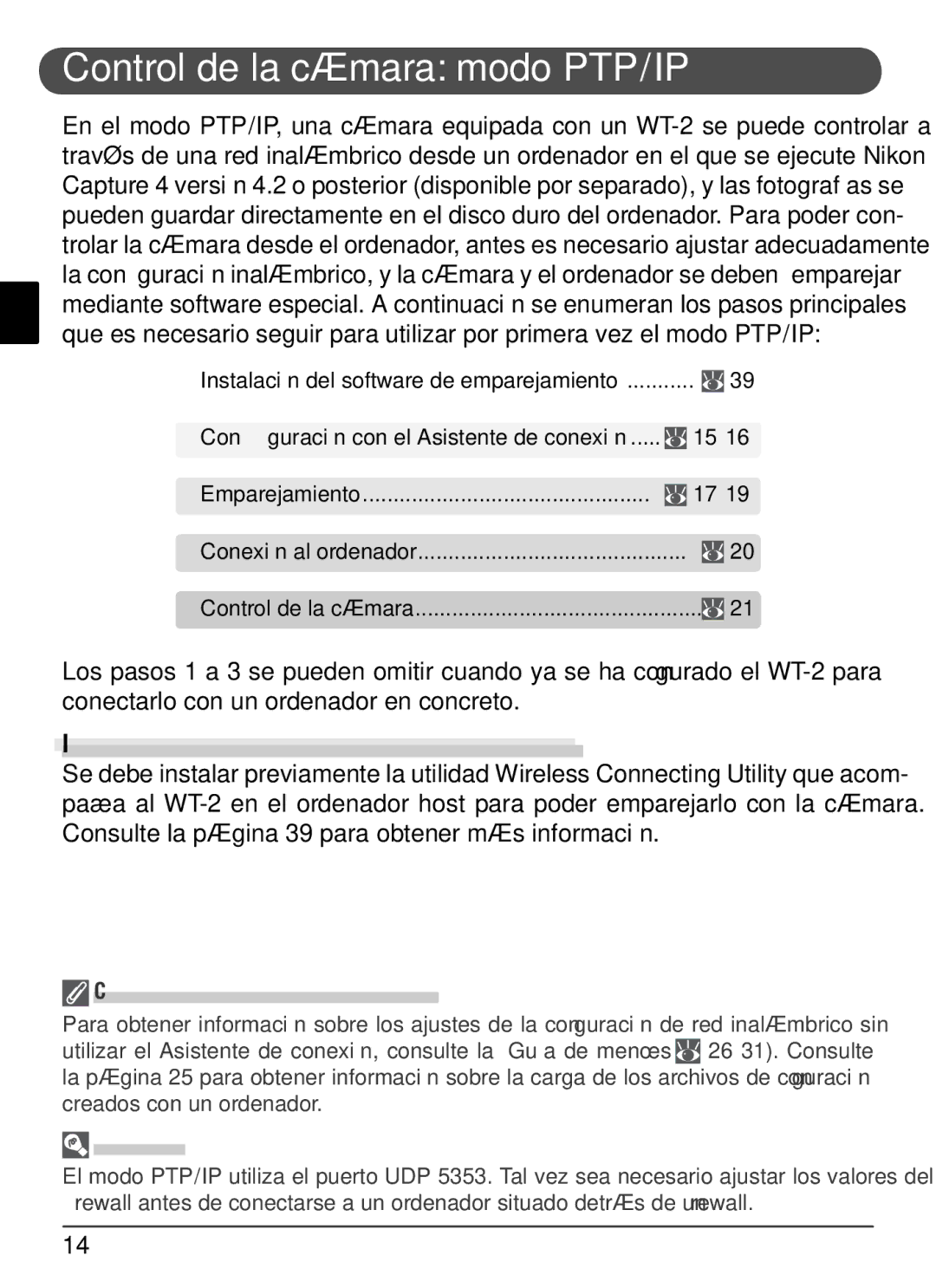 Nikon WT-2 user manual Control de la cámara modo PTP/IP, Instalación del software de emparejamiento 