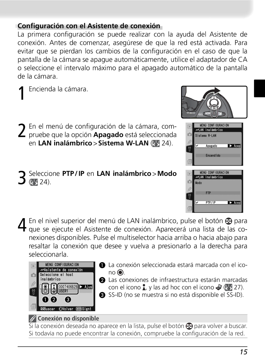 Nikon WT-2 user manual Conﬁguración con el Asistente de conexión, Seleccione PTP / IP en LAN inalámbrico Modo 