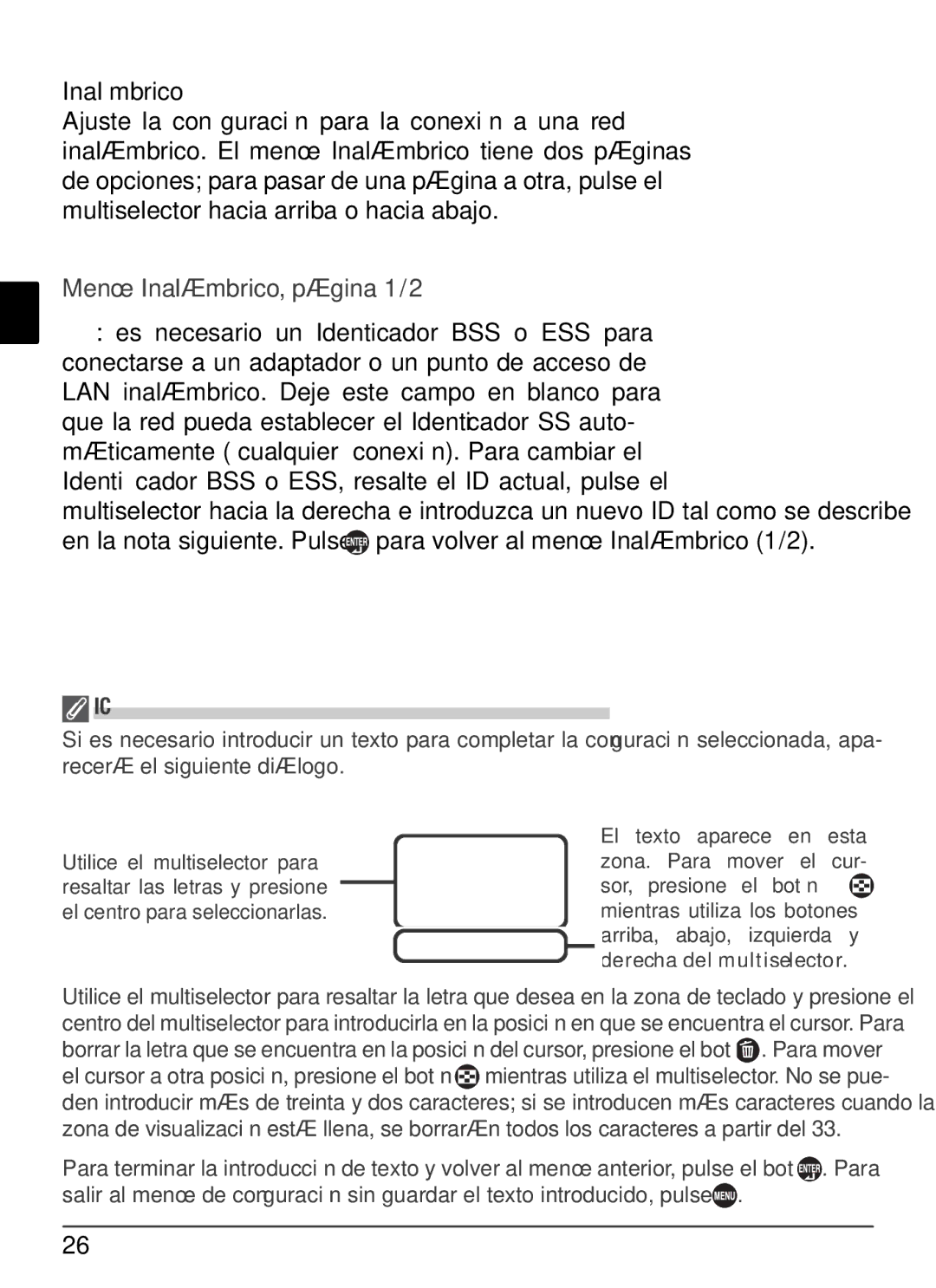 Nikon WT-2 user manual Menú Inalámbrico, página 1/2, Introducción de texto en el menú Conﬁguración 