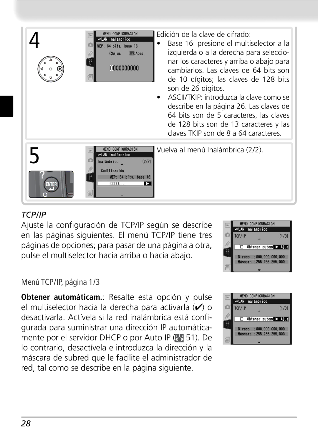 Nikon WT-2 user manual Menú TCP/IP, página 1/3, Vuelva al menú Inalámbrica 2/2 