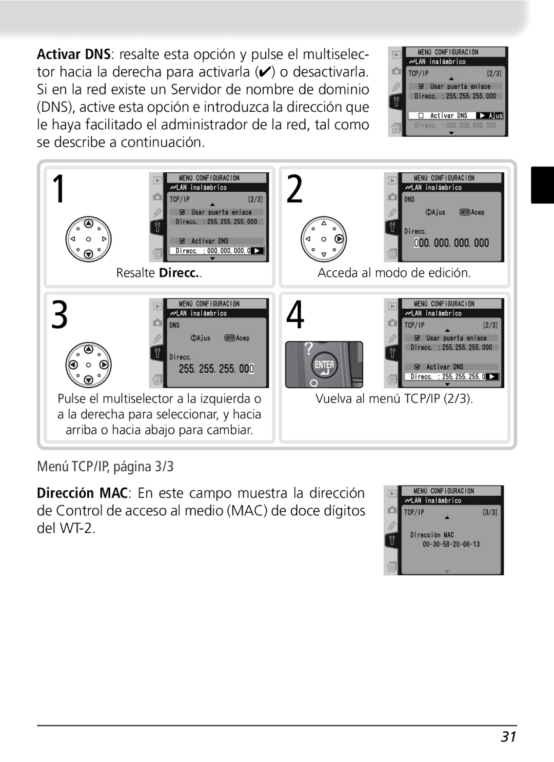 Nikon WT-2 user manual Menú TCP/IP, página 3/3 