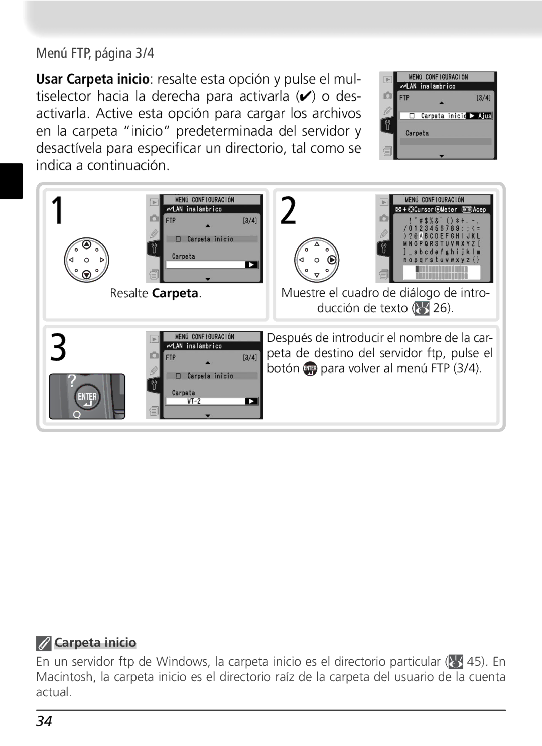 Nikon WT-2 user manual Menú FTP, página 3/4, Resalte Carpeta, Carpeta inicio 