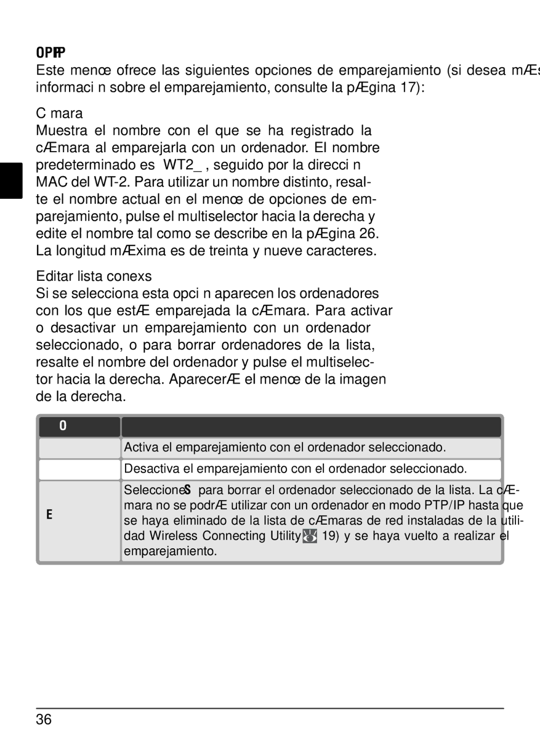 Nikon WT-2 Opc. emparejamiento sólo modo PTP/IP, Cámara, Editar lista conexs, Activar Desactivar Eliminar de La lista 