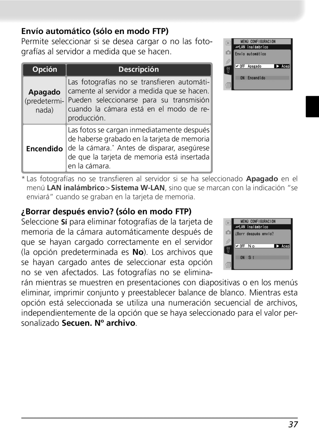 Nikon WT-2 user manual Envío automático sólo en modo FTP 