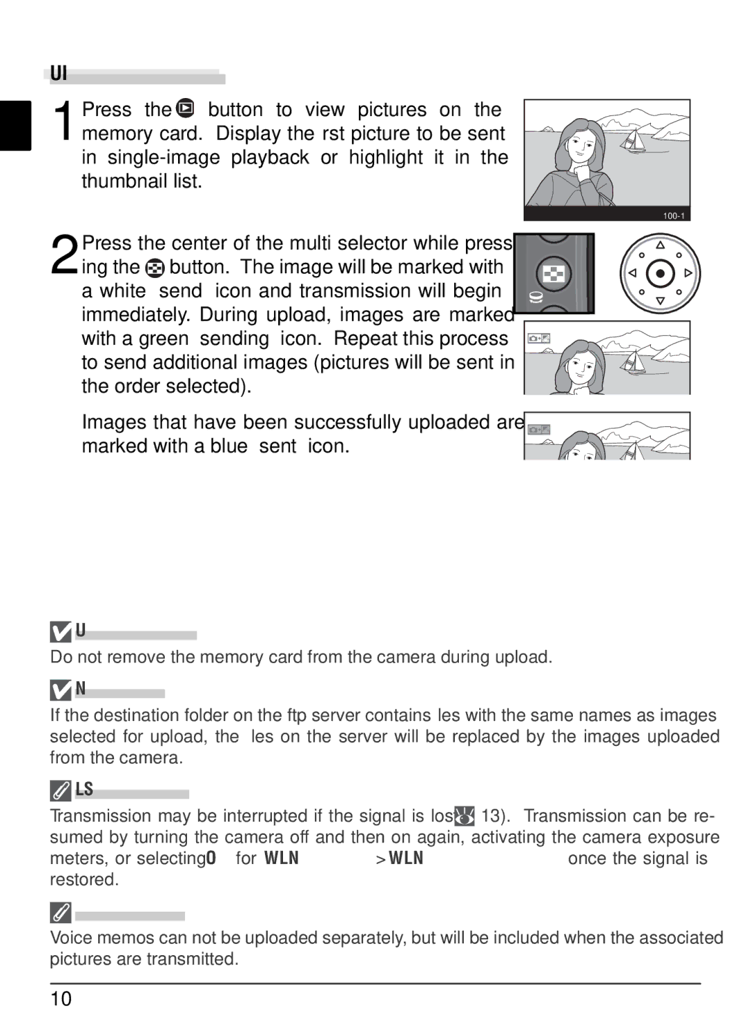 Nikon WT-2 user manual Uploading Images, During Upload, File Names, Loss of Signal, Voice Memos 