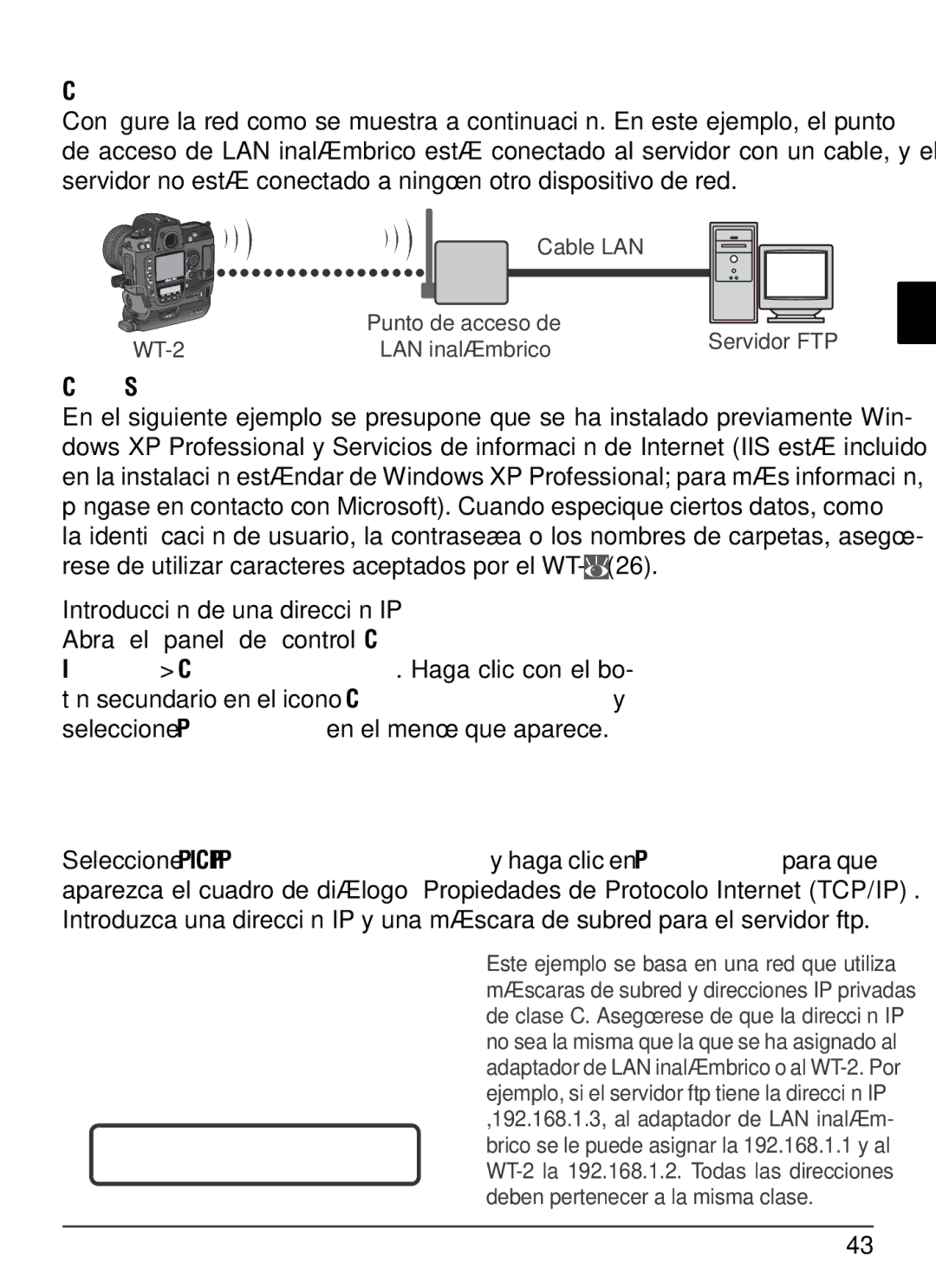 Nikon WT-2 user manual Crear una red, Conﬁgurar el Servidor, Introducción de una dirección IP 