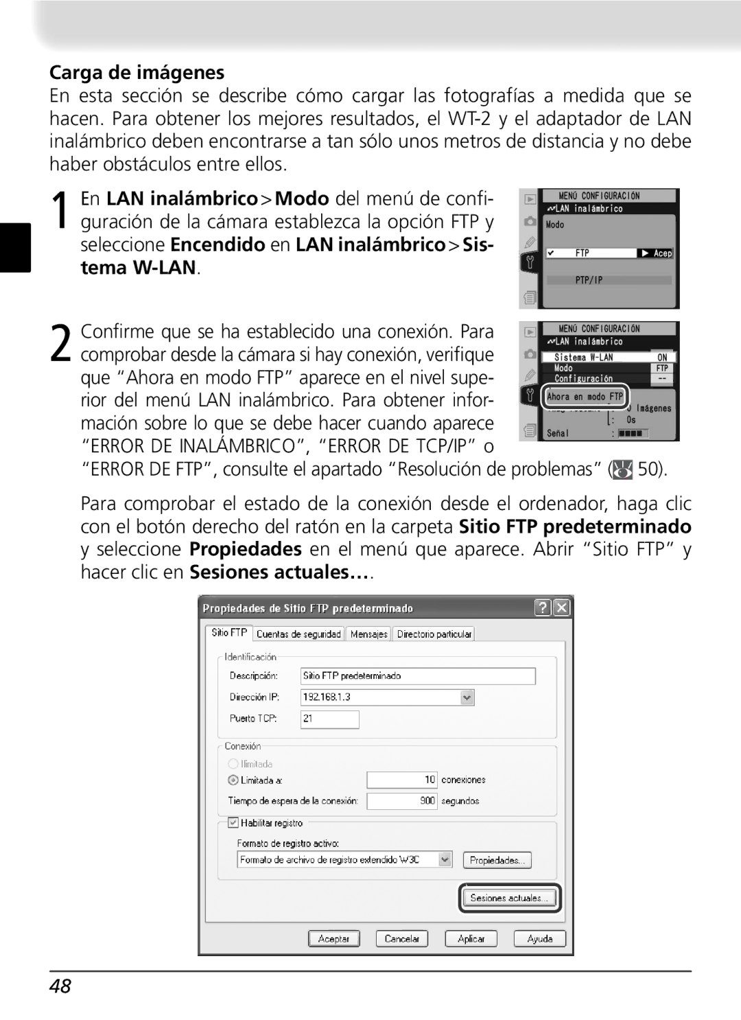 Nikon WT-2 user manual Carga de imágenes, Error DE FTP, consulte el apartado Resolución de problemas 