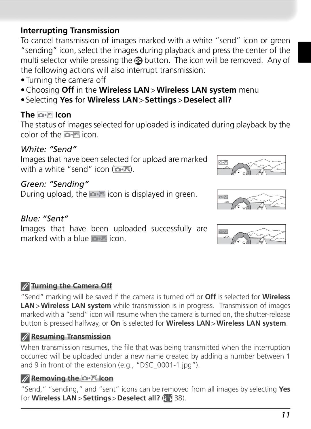 Nikon WT-2 user manual Interrupting Transmission, White Send, Green Sending, Blue Sent 