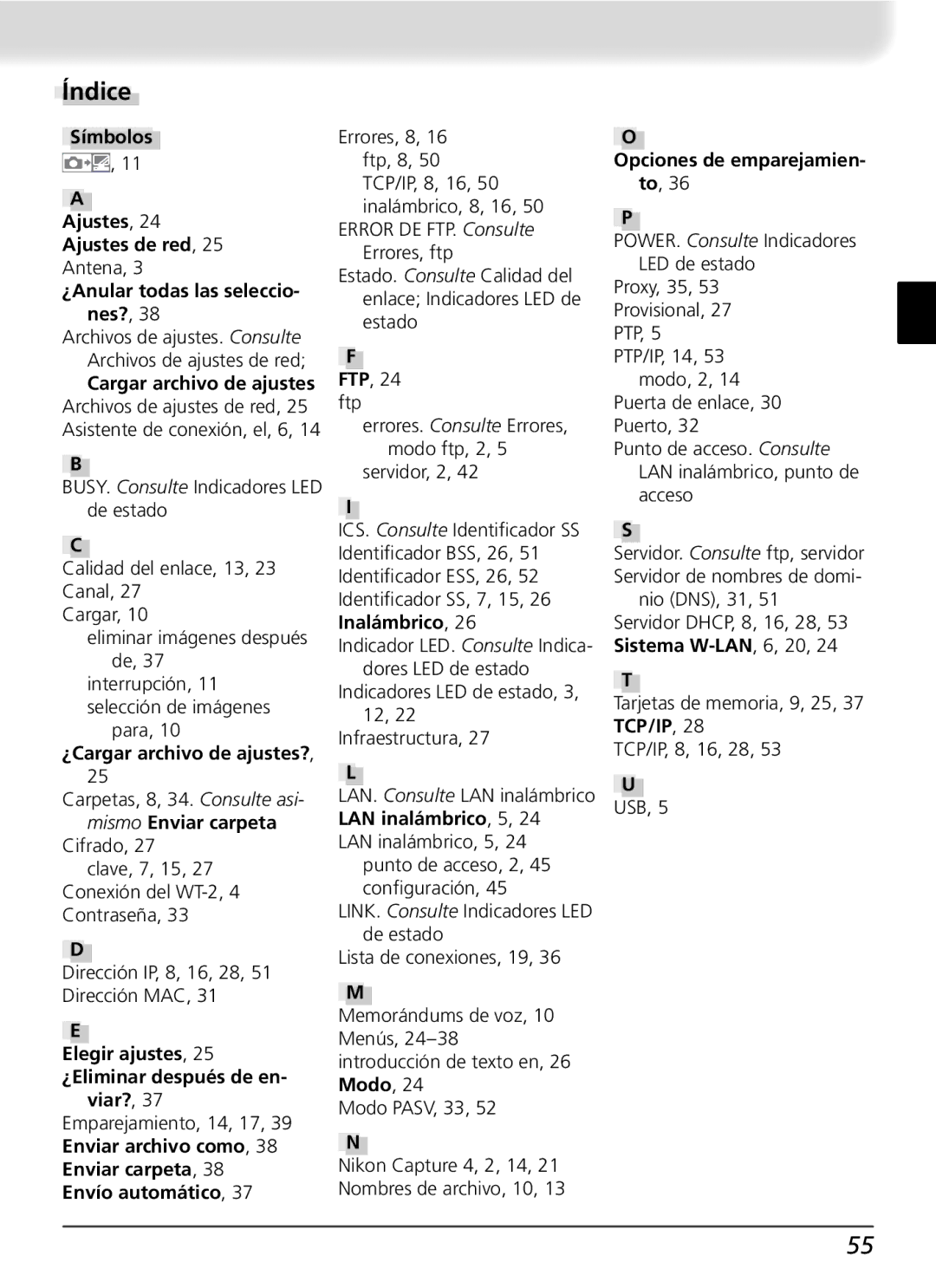 Nikon WT-2 user manual Índice, ¿Cargar archivo de ajustes? 