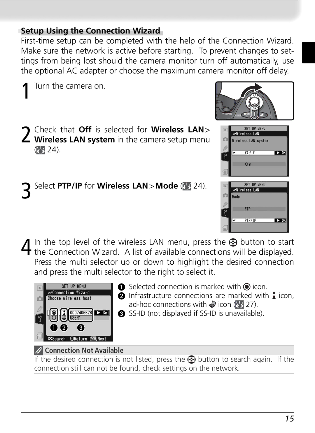 Nikon WT-2 user manual Setup Using the Connection Wizard, Select PTP/IP for Wireless LAN Mode 