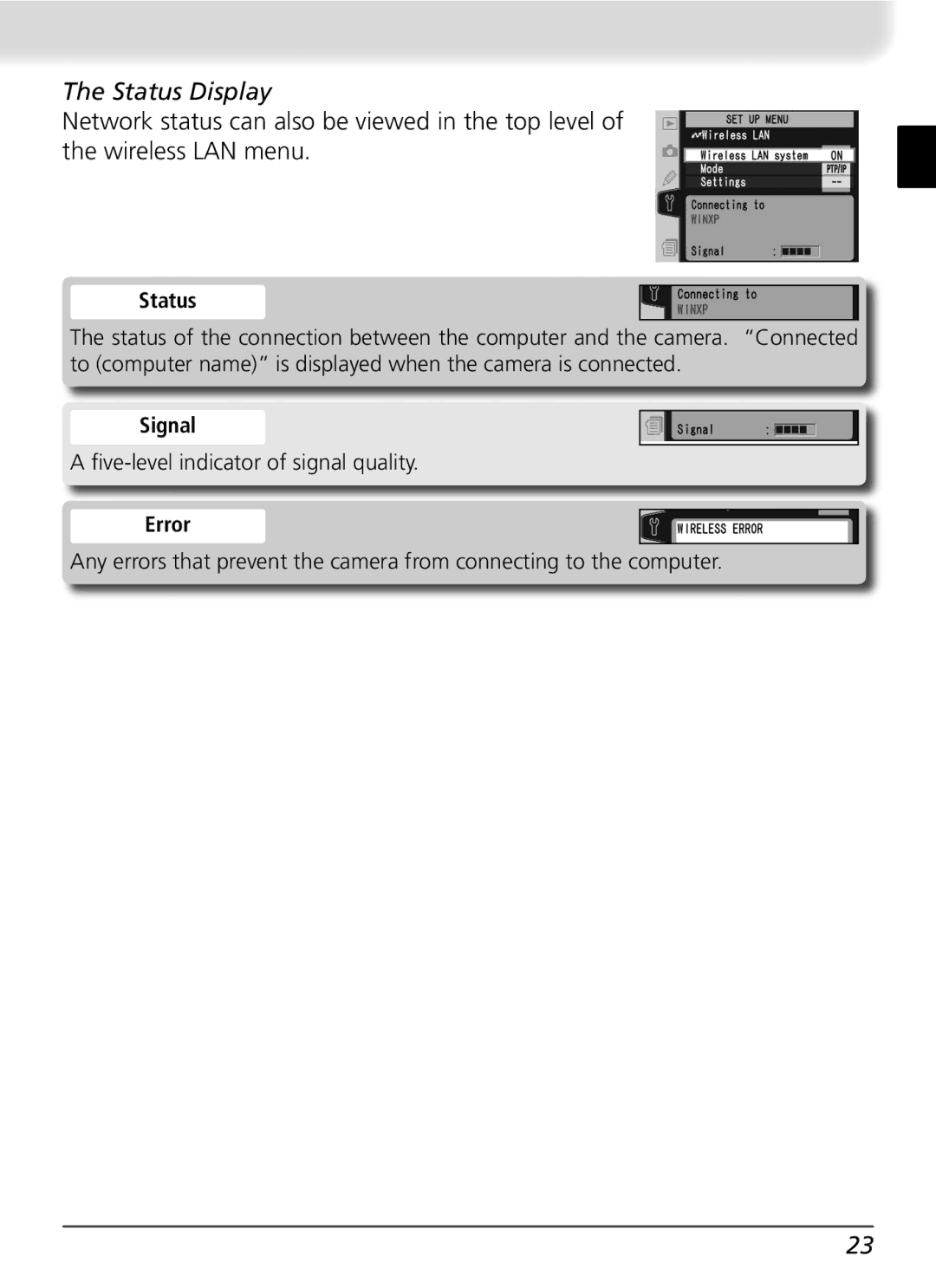 Nikon WT-2 user manual Status Display 