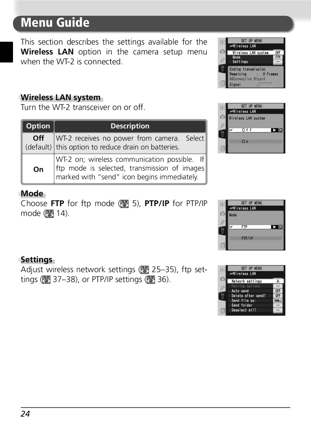 Nikon WT-2 user manual Menu Guide, Wireless LAN system, Mode, Settings, OptionDescription 