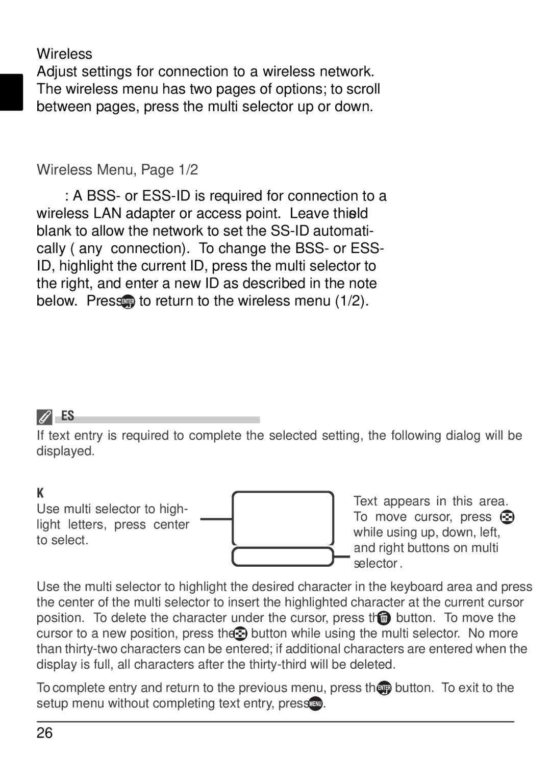 Nikon WT-2 user manual Wireless Menu, Page 1/2, Text Entry in the Settings Menu, Keyboard area, Text display area 