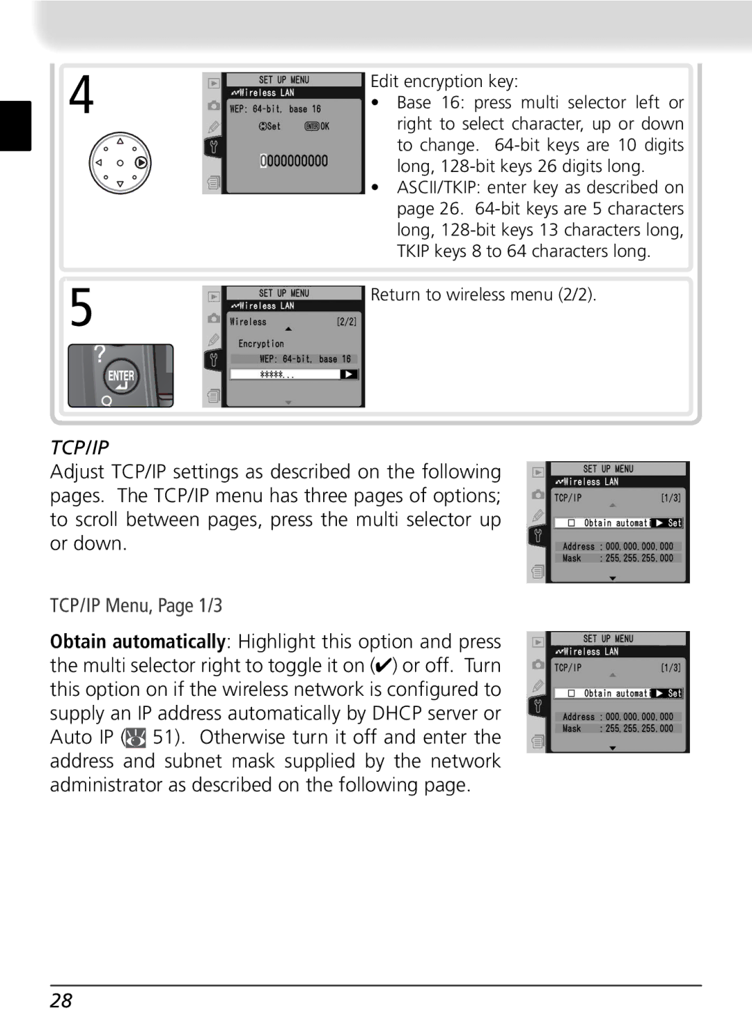 Nikon WT-2 user manual TCP/IP Menu, Page 1/3, Return to wireless menu 2/2 