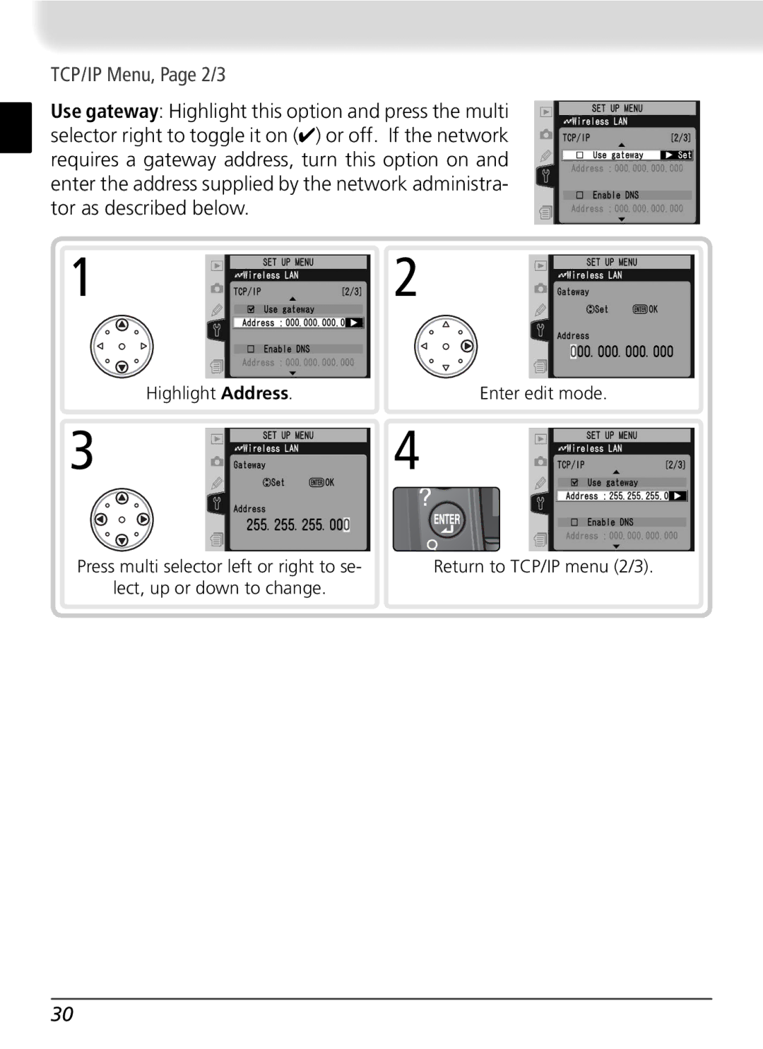 Nikon WT-2 user manual TCP/IP Menu, Page 2/3, Highlight Address Enter edit mode 