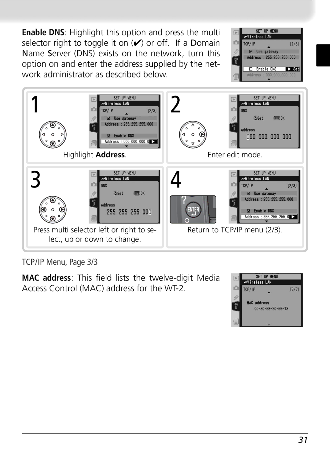 Nikon WT-2 user manual TCP/IP Menu, Page 3/3 