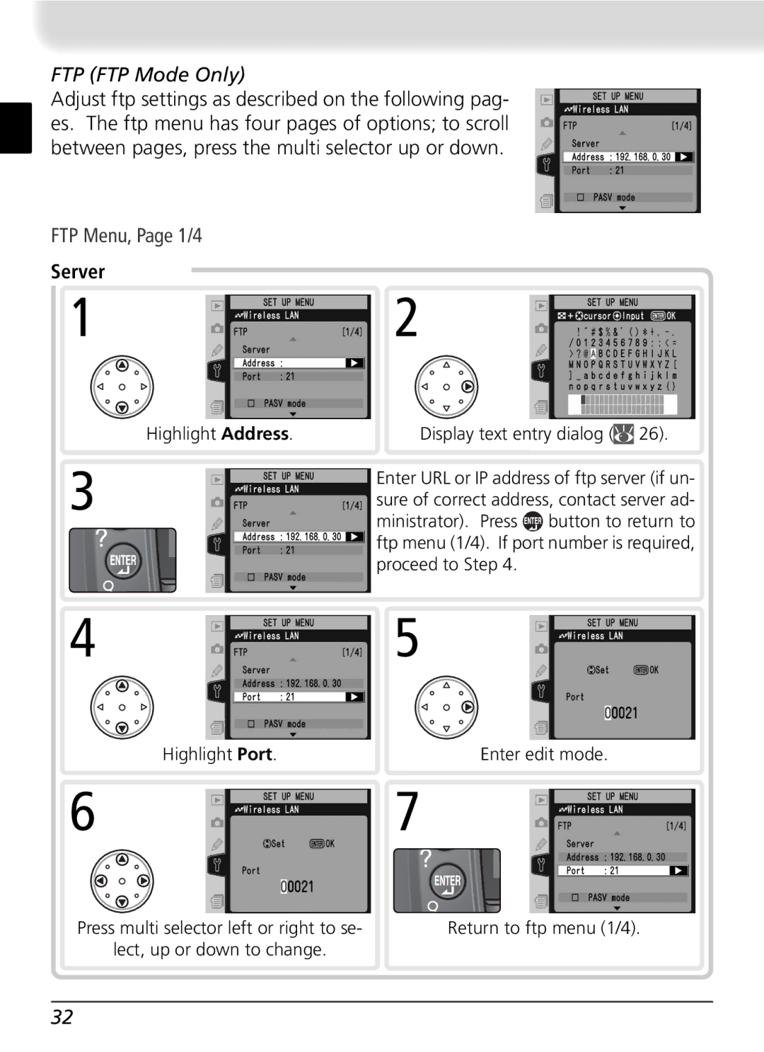 Nikon WT-2 user manual FTP FTP Mode Only, FTP Menu, Page 1/4, Server 