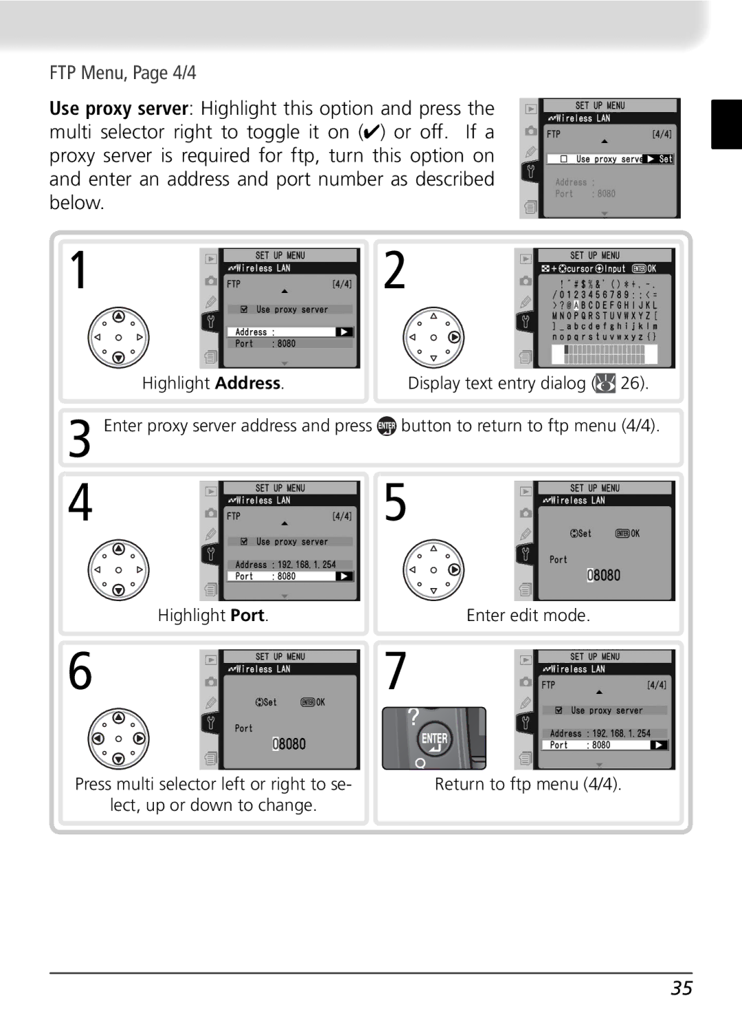 Nikon WT-2 user manual FTP Menu, Page 4/4, Highlight Address, Button to return to ftp menu 4/4 