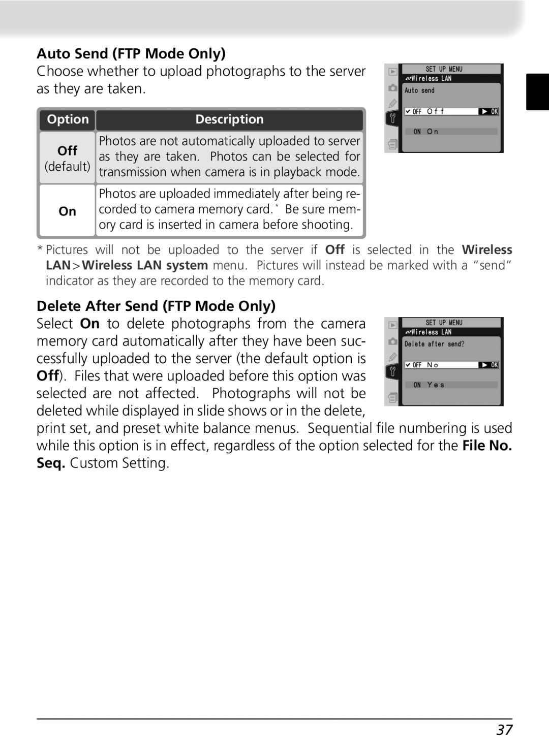 Nikon WT-2 user manual Auto Send FTP Mode Only, Delete After Send FTP Mode Only, Option, Off 