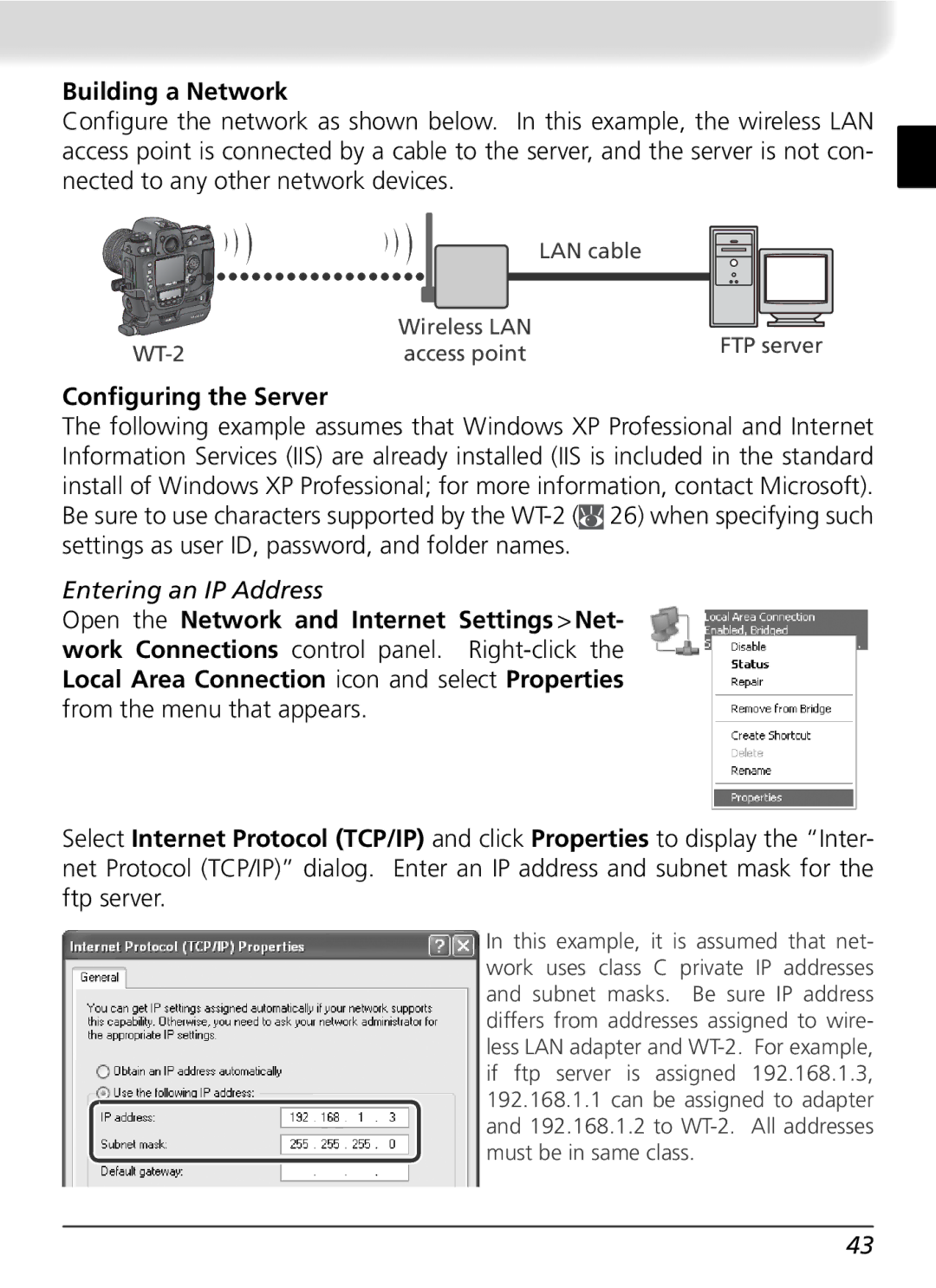 Nikon WT-2 user manual Building a Network, Conﬁguring the Server, Entering an IP Address 