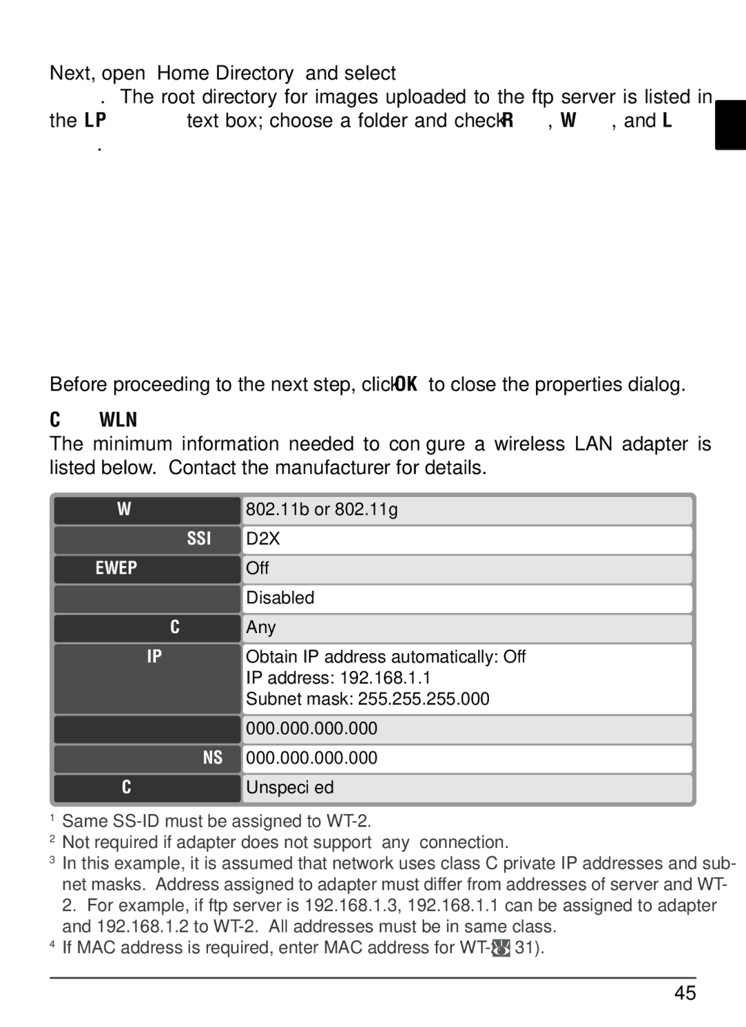 Nikon WT-2 user manual Conﬁguring the Wireless LAN Adapter, Channel Any, Default gateway, MAC address 4 Unspeciﬁed 