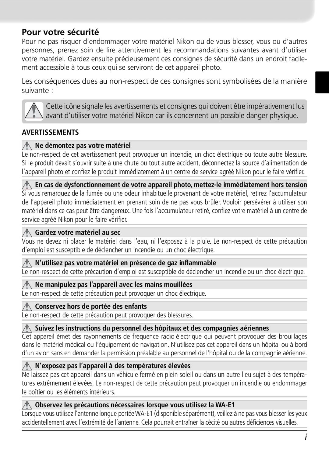 Nikon WT-2 user manual Pour votre sécurité, Avertissements 