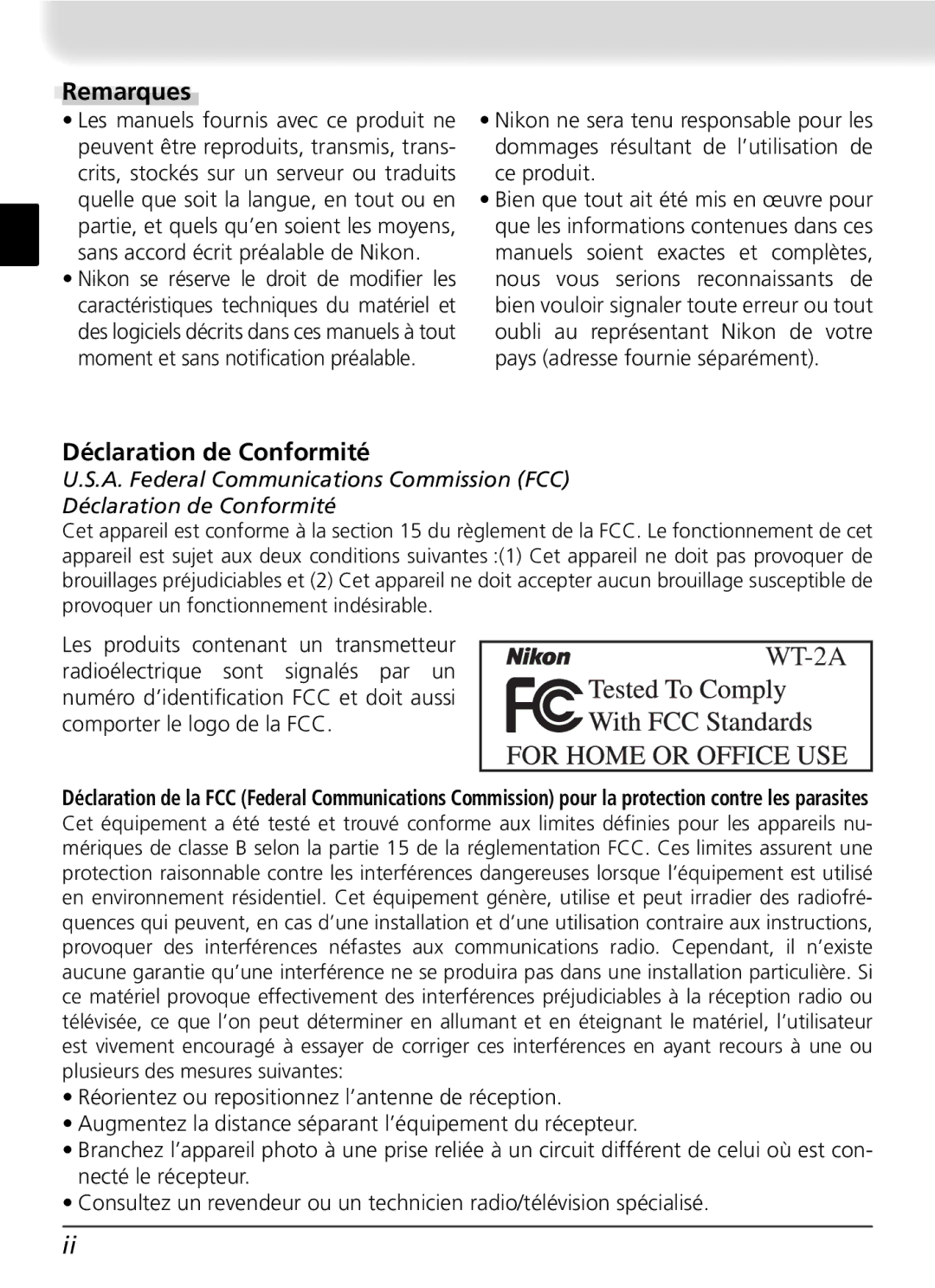 Nikon WT-2 user manual Remarques, Déclaration de Conformité 