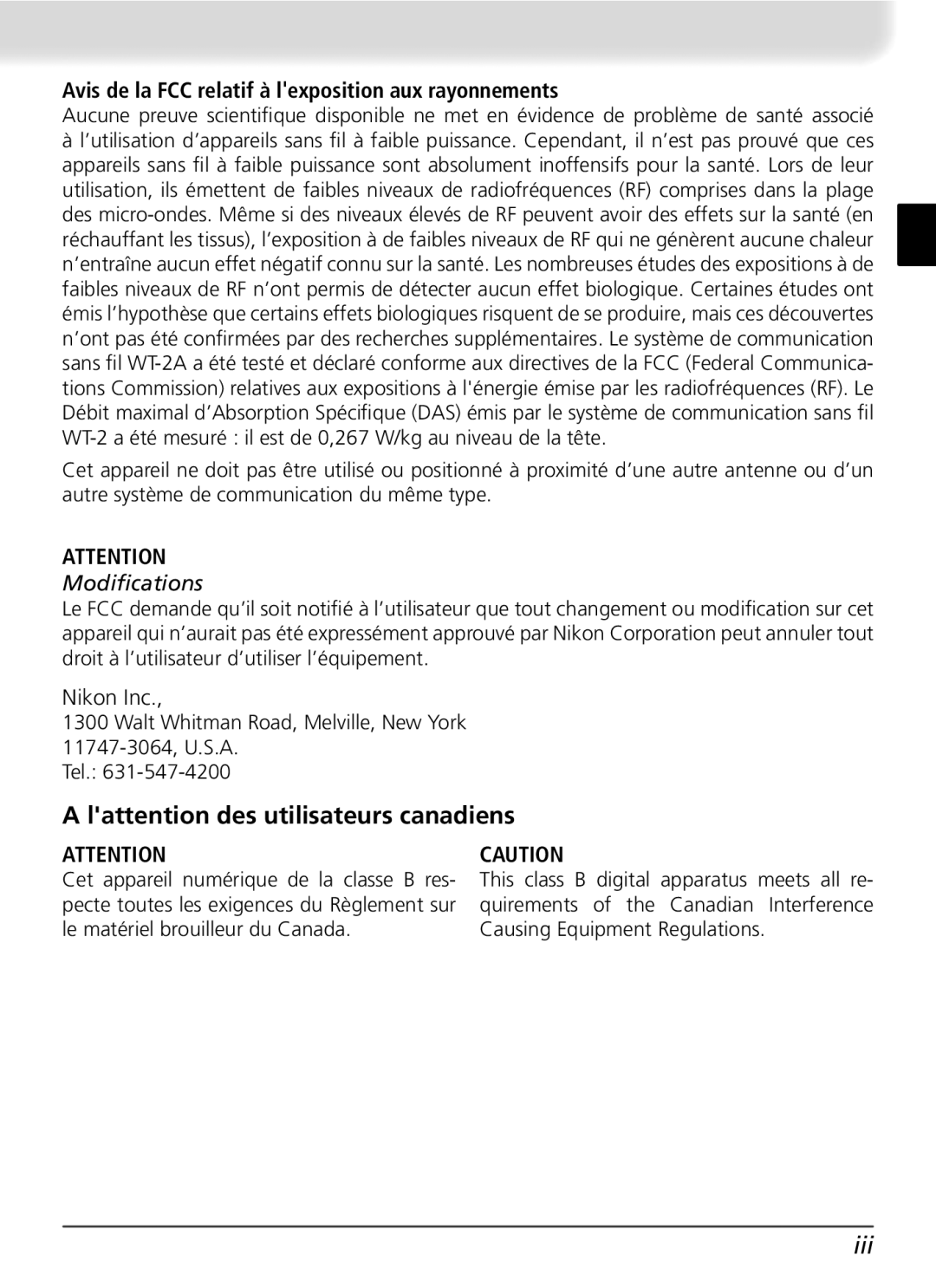 Nikon WT-2 user manual Lattention des utilisateurs canadiens, Avis de la FCC relatif à lexposition aux rayonnements 