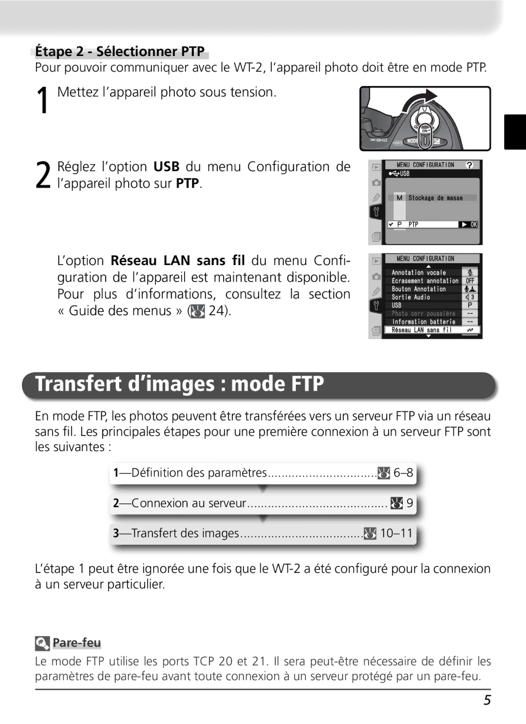 Nikon WT-2 user manual Transfert d’images mode FTP, Étape 2 Sélectionner PTP, Transfert des images, Pare-feu 