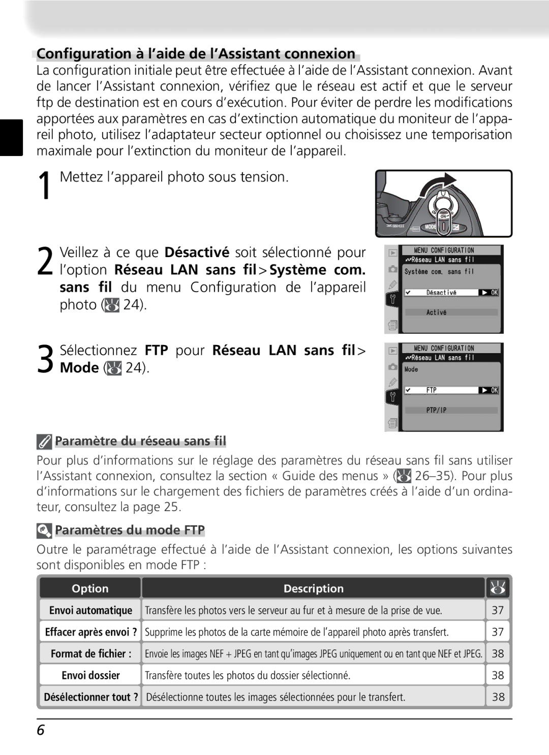 Nikon WT-2 user manual Conﬁguration à l’aide de l’Assistant connexion, Sélectionnez FTP pour Réseau LAN sans ﬁl Mode 