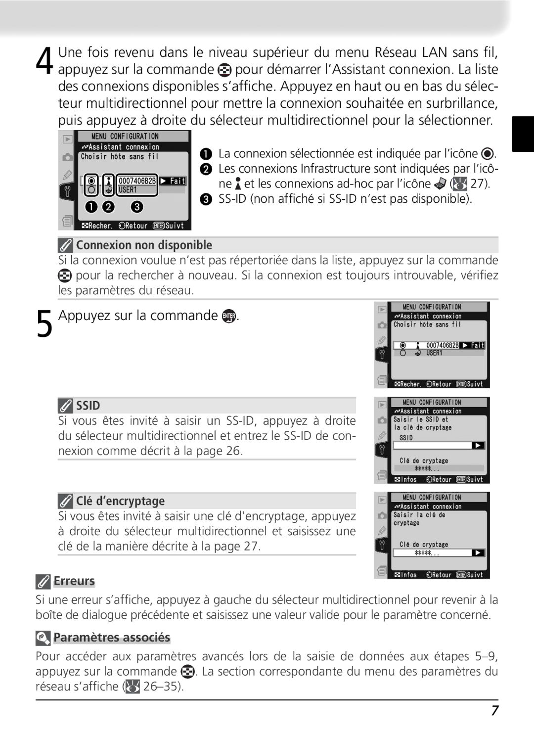 Nikon WT-2 user manual Connexion non disponible, Clé d’encryptage, Erreurs, Paramètres associés 