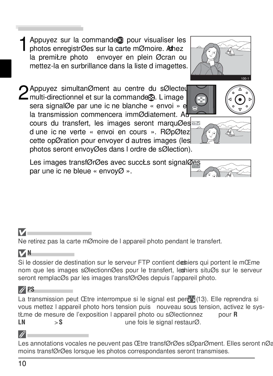 Nikon WT-2 user manual Transfert d’images, Au cours du transfert, Noms de ﬁchier, Perte du Signal, Annotations vocales 