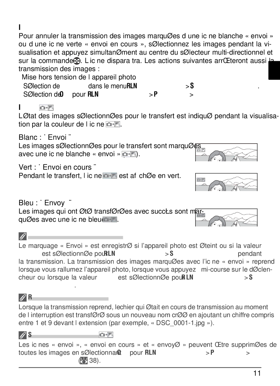 Nikon WT-2 user manual Interruption de la transmission, Icône, Blanc « Envoi », Vert « Envoi en cours », Bleu « Envoyé » 