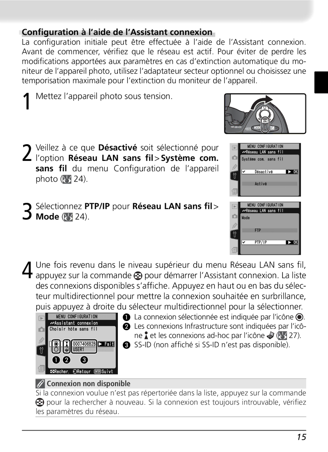 Nikon WT-2 user manual Sélectionnez PTP/IP pour Réseau LAN sans ﬁl Mode, SS-ID non afﬁché si SS-ID n’est pas disponible 