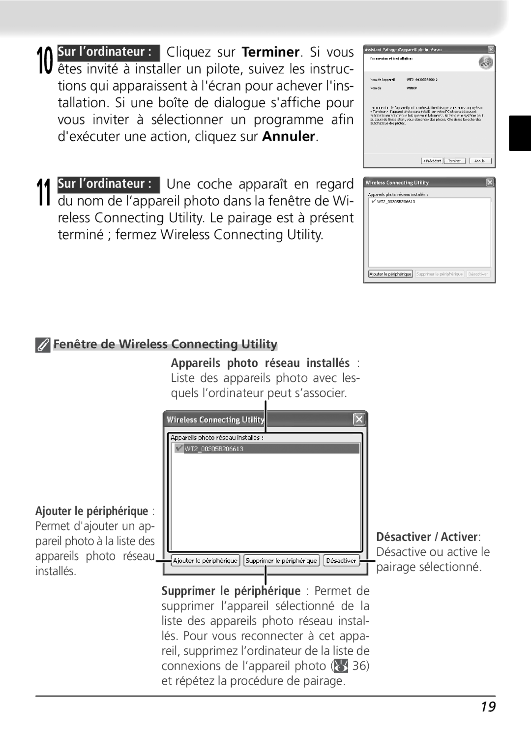 Nikon WT-2 user manual Fenêtre de Wireless Connecting Utility 