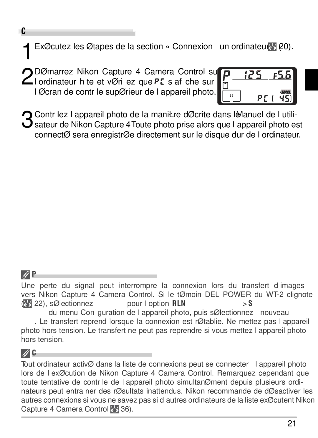 Nikon WT-2 user manual Contrôle de lappareil photo, ’afﬁche sur, Perte du signal pendant le transfert 