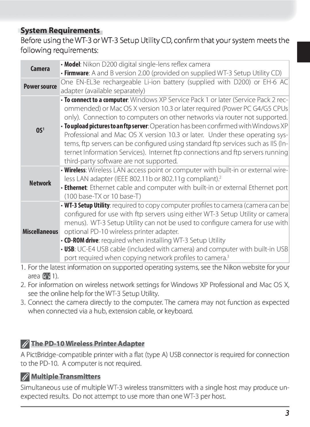 Nikon WT-3 user manual System Requirements, The PD-10 Wireless Printer Adapter, Multiple Transmitters 