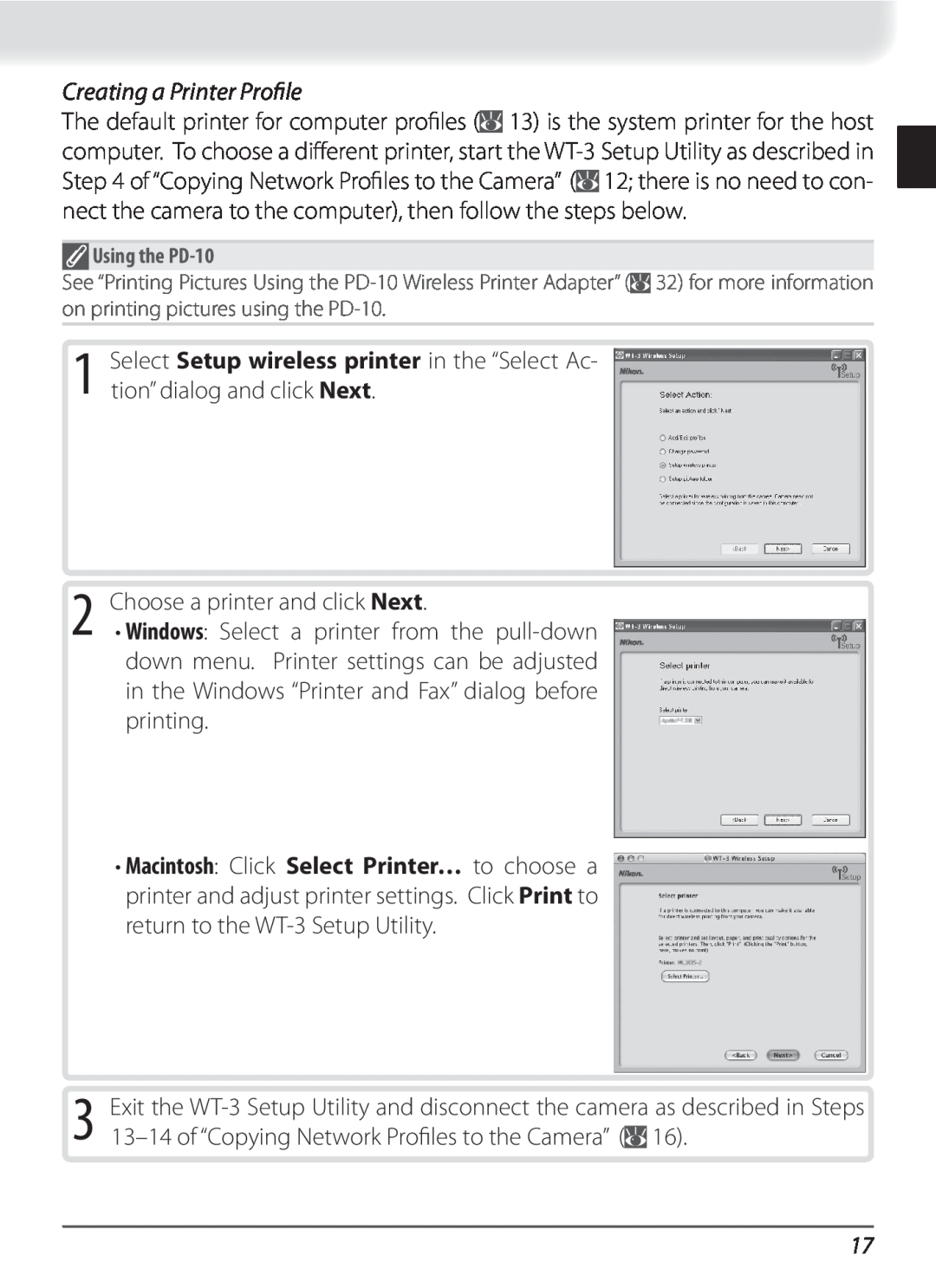 Nikon WT-3 user manual Creating a Printer Proﬁle, Choose a printer and click Next, Using the PD-10 