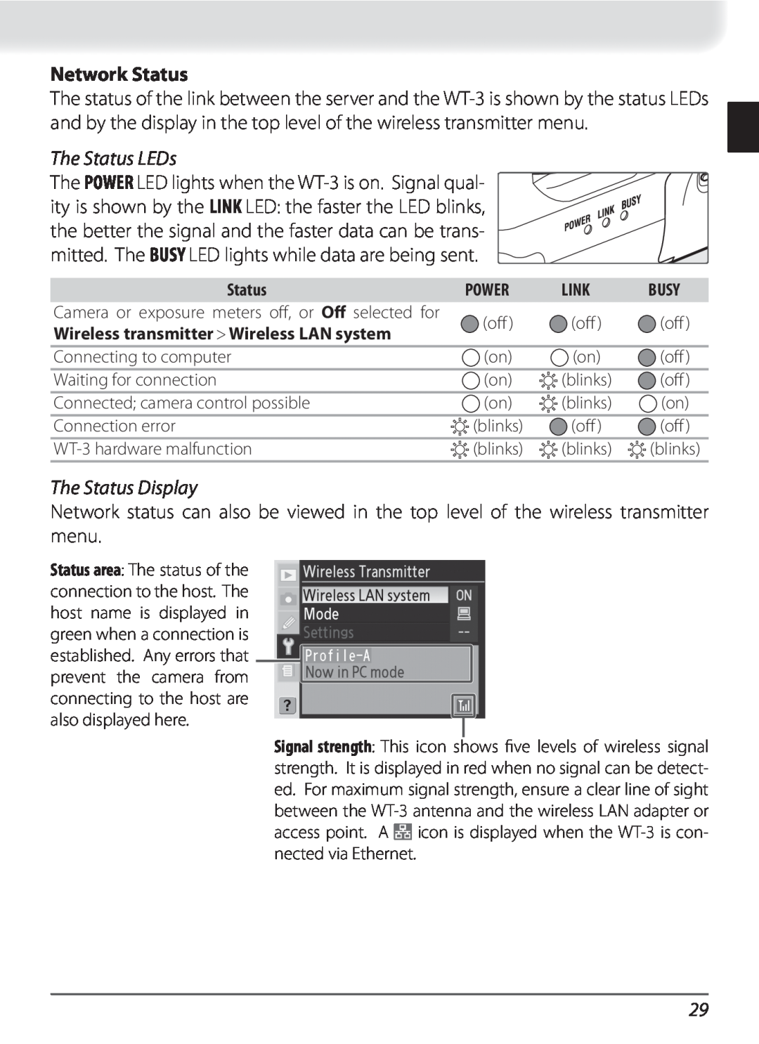 Nikon WT-3 user manual Network Status, The Status LEDs, The Status Display, Power, Link, Busy 